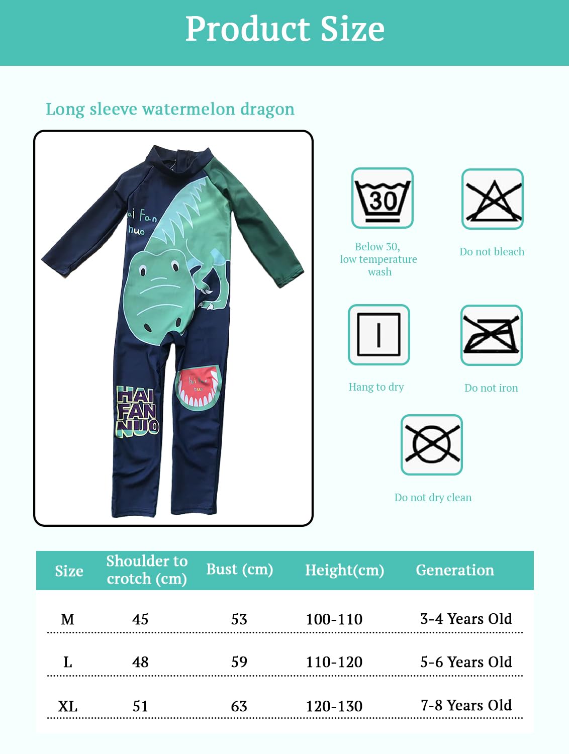 SYGA Children's Swimsuit Long Sleeve Watermelon Dragon-M Size Perfect for Kids Age 3-4 Years Old (Blue) 2
