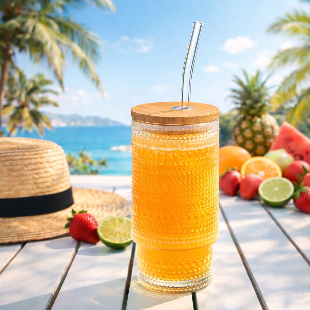 11oz Glass Cups with Bamboo Lids and Glass Straws, 4 Pack Clear Iced Coffee Cups, Vintage Embossed Drinking Tumblers, Smoothie Water Glasses Suitable for Hot and Cold Beverages