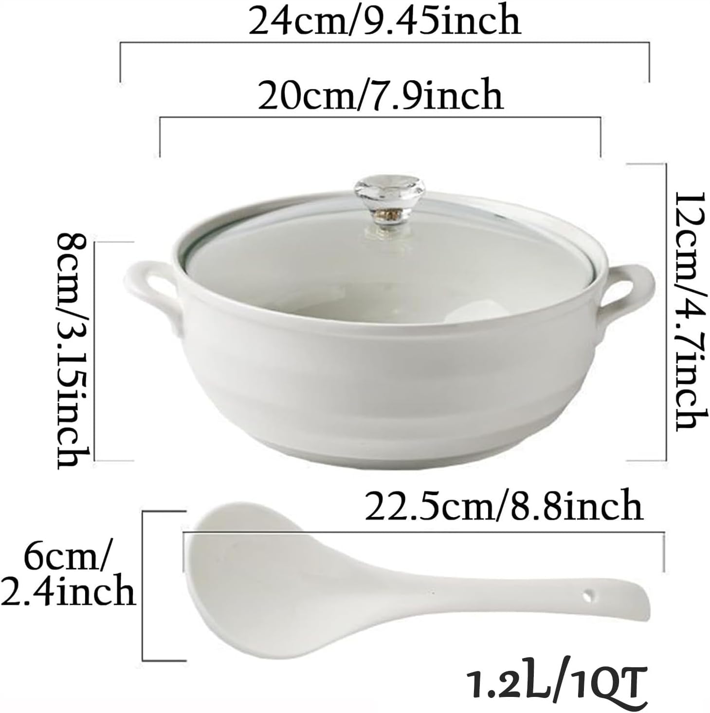 Ceramic Soup Tureen with White Porcelain Serving Glass Lid for Restaurant Home Kitchen Decoration Microwave and Dishwasher Safefor,with Spoon Hole