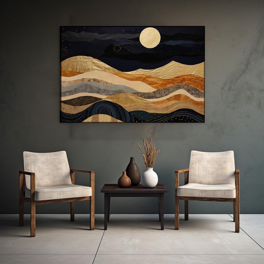 Canvas for Living Room. Moonlight Serenity on a Golden River: Unveiling a Haven of Abstract Nighttime Elegance, 27 x 18 inch Canvas Wall Art - Ready to Hang