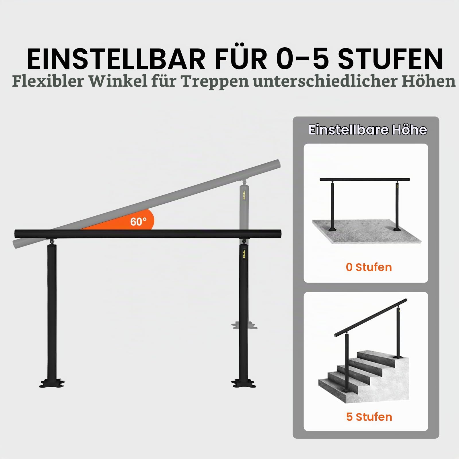 VEVOR Treppengeländer ohne Querstreben 152,8x91cm Handlauf Max. Höhe für Stufen Geländer aus Aluminium 70kg Tragfähigkeit Schwarz Ideal für Treppe mit 0-5 Stufen Veranden Gärten Hotels Garagen