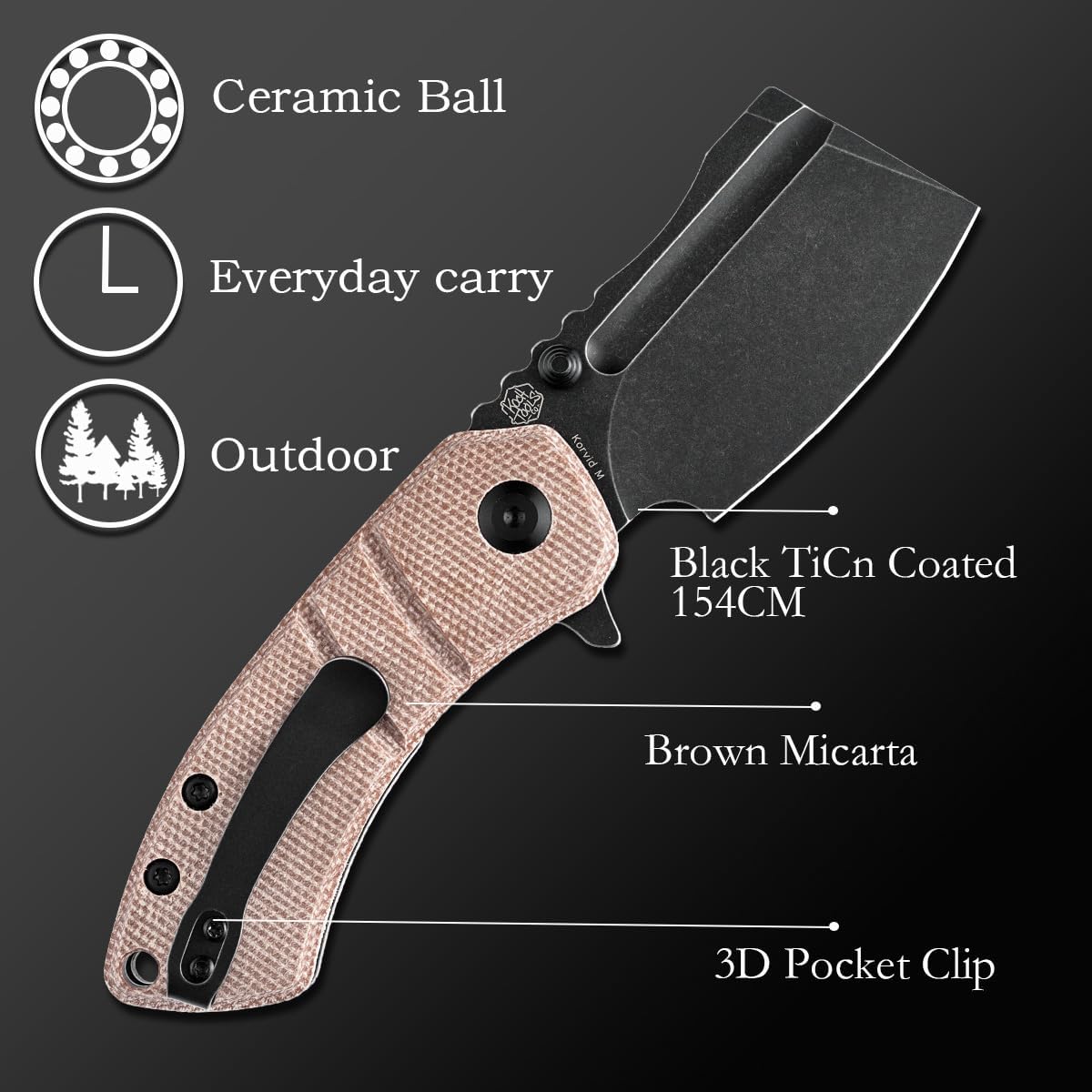 KANSEPT Knives Korvid Model M Pocket Knife 2.45''154CM Blade Brown Micarta Handle,Cleaver Pocket Knife for Everyday Carry T2030A5