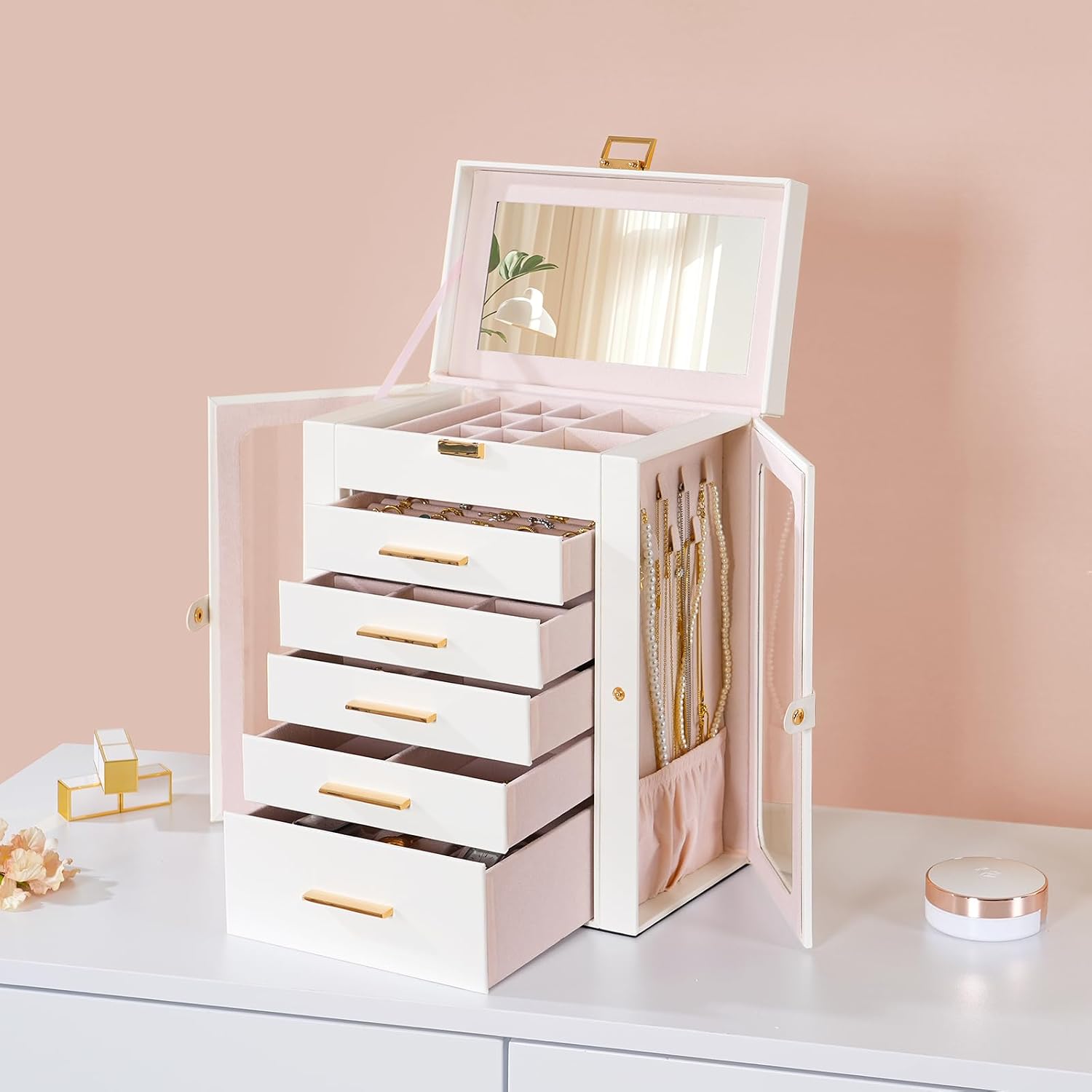 HOOBRO Jewelry Box with Mirror, 6-Layer Jewelry Organizer Box with Glass Windows, Large Capacity Jewelry Case, Vertical Storage, for Earring, Ring, Necklace, Bracelet, Watch, White WT18JB04