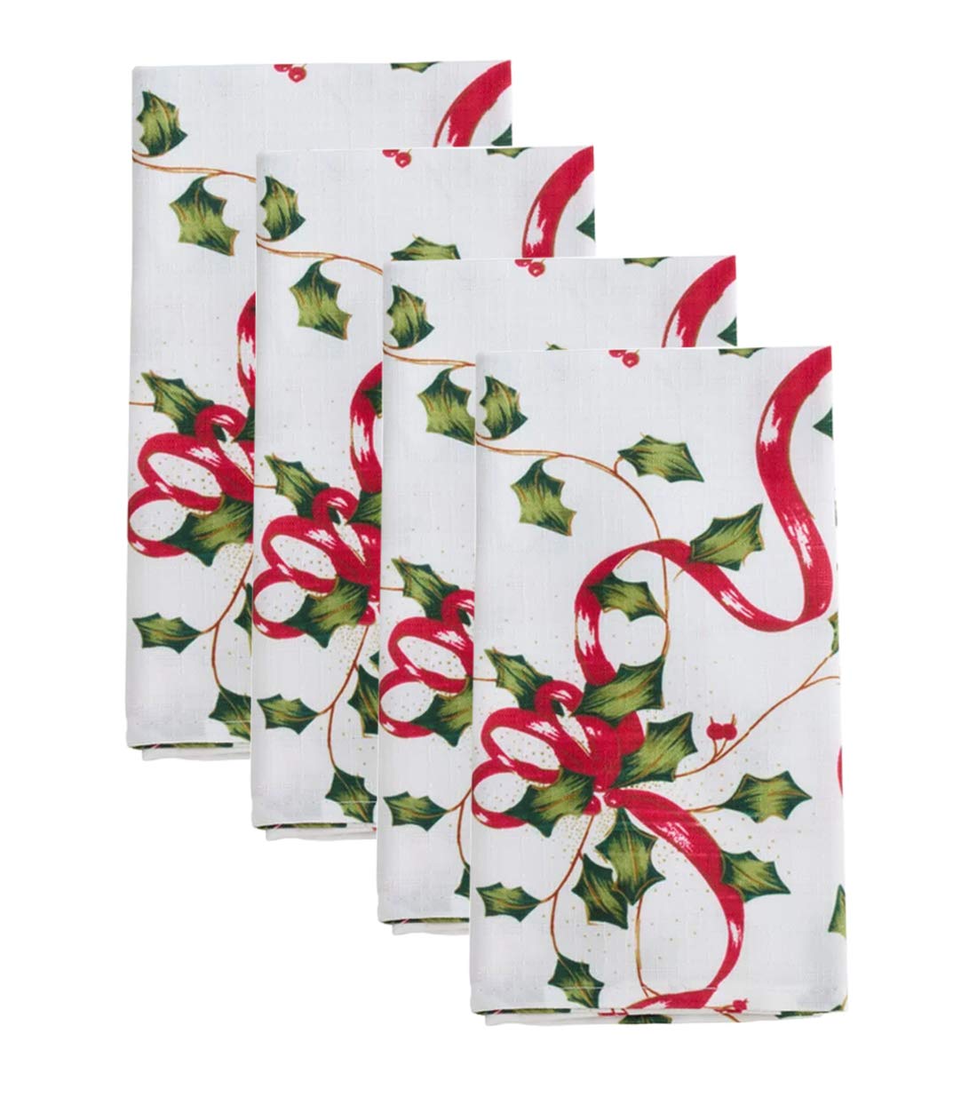 Fennco Styles Holiday Holly Collection Classic Holly Berry Ribbon 20 x 20 Inch Cloth Napkins, Set of 4 – Multicolor Dinner Napkins for Christmas Dinner, Family Gathering, Special Events and Home Décor
