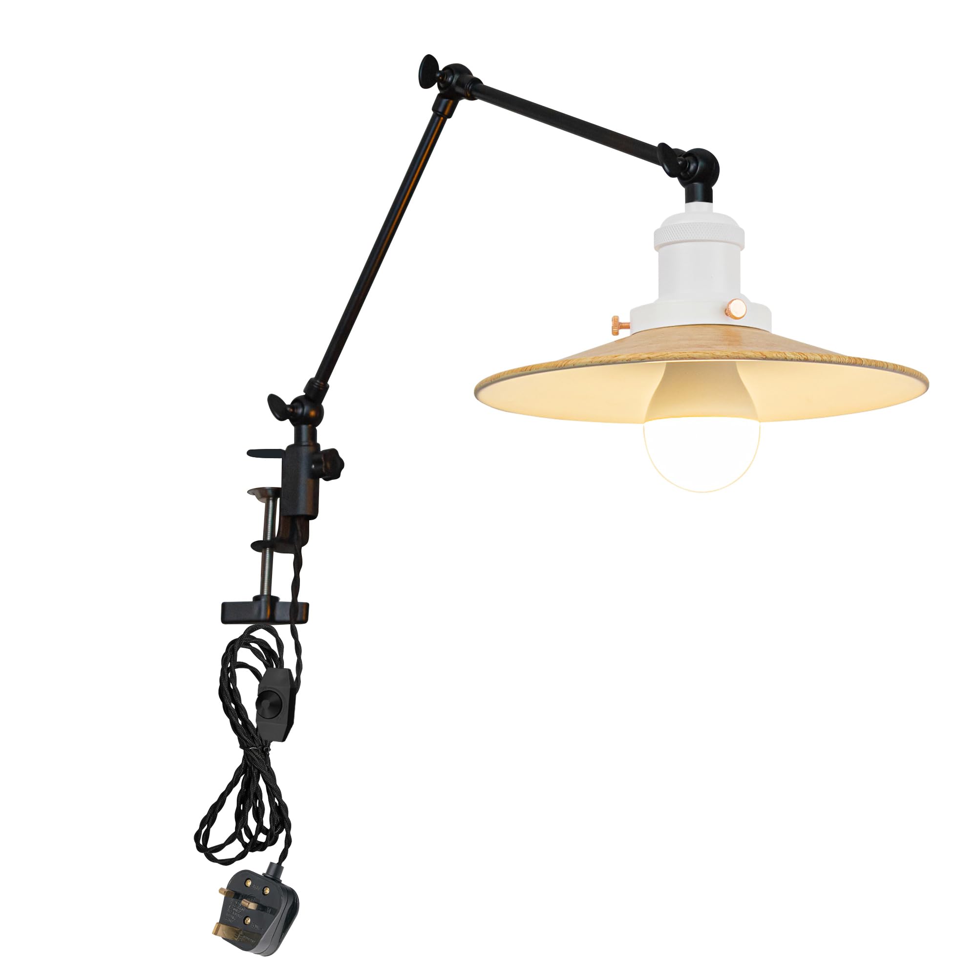 FSLiving Dimmable Desk Lamp Clamp, Desk Lamp Clip Light with Flexible Swing Arm and 2.5 m Cable,Decorative Iron Clamp Lamp Adjustable for Office Study Reading with Yellow Lampshade
