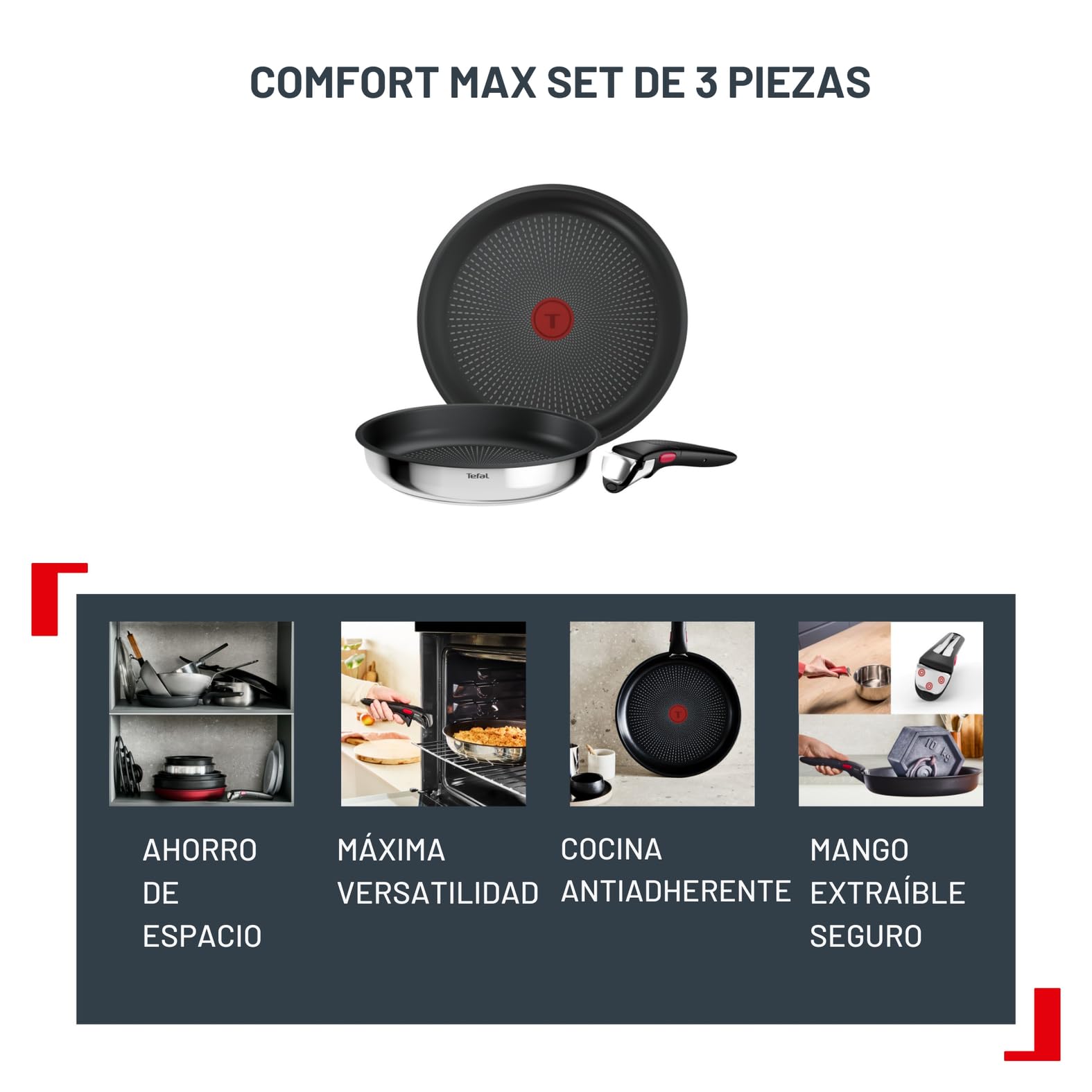 Tefal Ingenio Comfort Max - Juego de 2 Sartenes de 24/28 cm, Mango extraíble, Acero inoxidable, Apilable, Revestimiento antiadherente, Thermo-Signal, Inducción