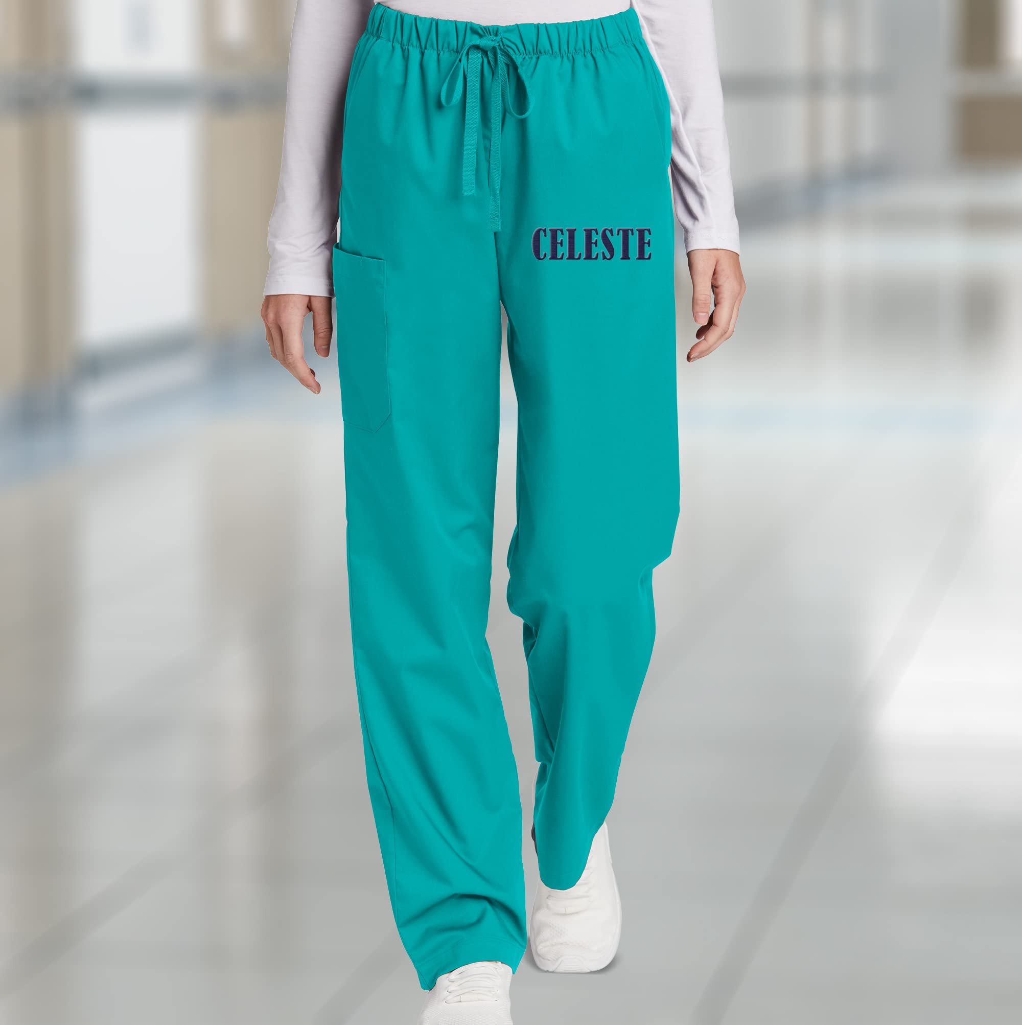 TEEAMORE Custom Emroidered Women's Medical Scrub Pant Add Your Embroidery Text Name Workflex Cargo Pant Teal Blue