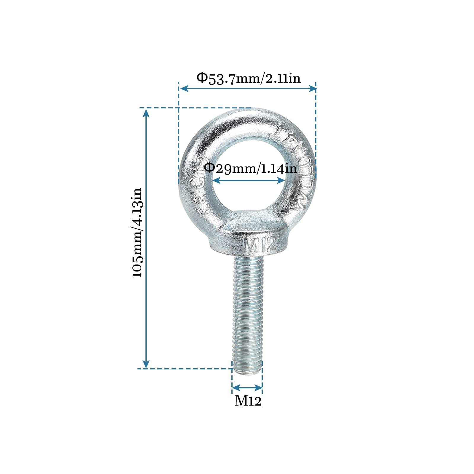QUARKZMAN M12 x 50mm Sollevamento Occhio Bullone x 2pz Carbonio Acciaio Zinco Placcato Filettatura per Altalena Amaca e Macchine, [Argento Tono]