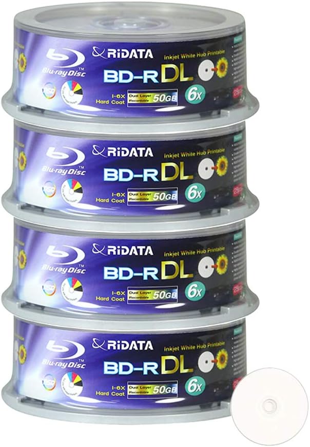 100 Pack Ridata Bluray BDR DL Dual Layer 6X 50GB White Inkjet Hub Printable