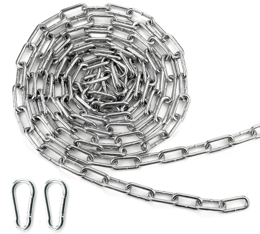 Vauki Catena in acciaio inox, 3 m × 3 mm, catena in acciaio inox, al metro, catena in acciaio con 2 moschettoni ispessiti, catena in metallo per biancheria, altalena, sgabello, catena per cani