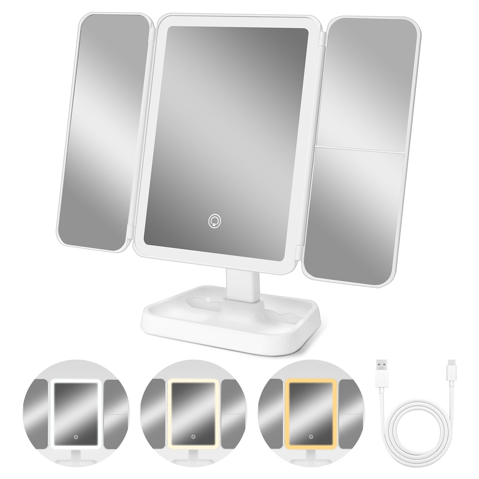 USB Trifold Vanity Mirror with 3-Color Lights & 1x/2x/3x Magnification