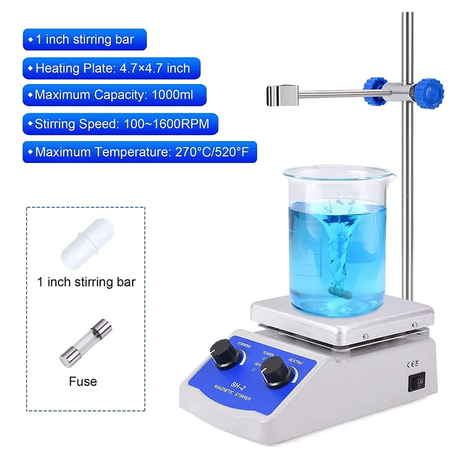 Placa caliente agitadora magnética de laboratorio, temperatura constante de 180 W, capacidad máxima de 1000 ml, control de velocidad de 0 a 1600 rpm para uso escolar y laboratorio