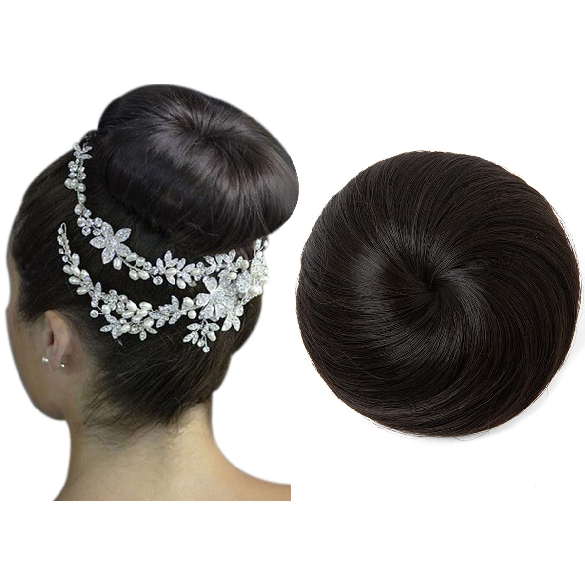 SARLA Hair Buns Extension Drawstring Updo Donut Chignon Straight Synthetic Round Fake Ballet Bun for Womens Lady Black Brown