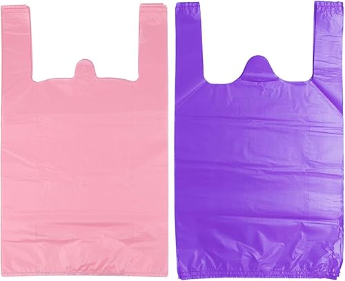 LazyMe Bolsas de plástico con asas, bolsas de compras en bolsas de restaurante a granel, 12 x 20 pulgadas (rosa, 50 unidades, morado, 50 unidades),