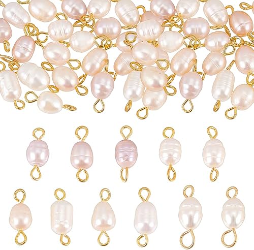 NBEADS 30 piezas de eslabones naturales de agua dulce, eslabones de perlas con forma de arroz, conectores de perlas con doble bucle dorado de acero