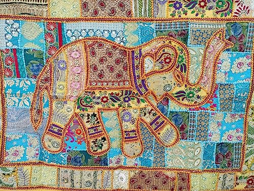 Image of Ekam Art Rajasthani Handmade Heavy Elephant Embroidery Cotton Patchwork Tapestry Cotton Wall Decor Hanging Beaded Tapestries Home Living Room Decor 40 x 60 Inch (Yellow)