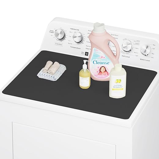 CSKY 1Pc Washer and Dryer Covers for the Top, 25.5''×17.5'' Fabric Laundry Countertop Mat, Anti-Crease Rolled Packaging, Non-Slip Rubber Base, Washer Dryer Topper for Top Load Machine (Black)
