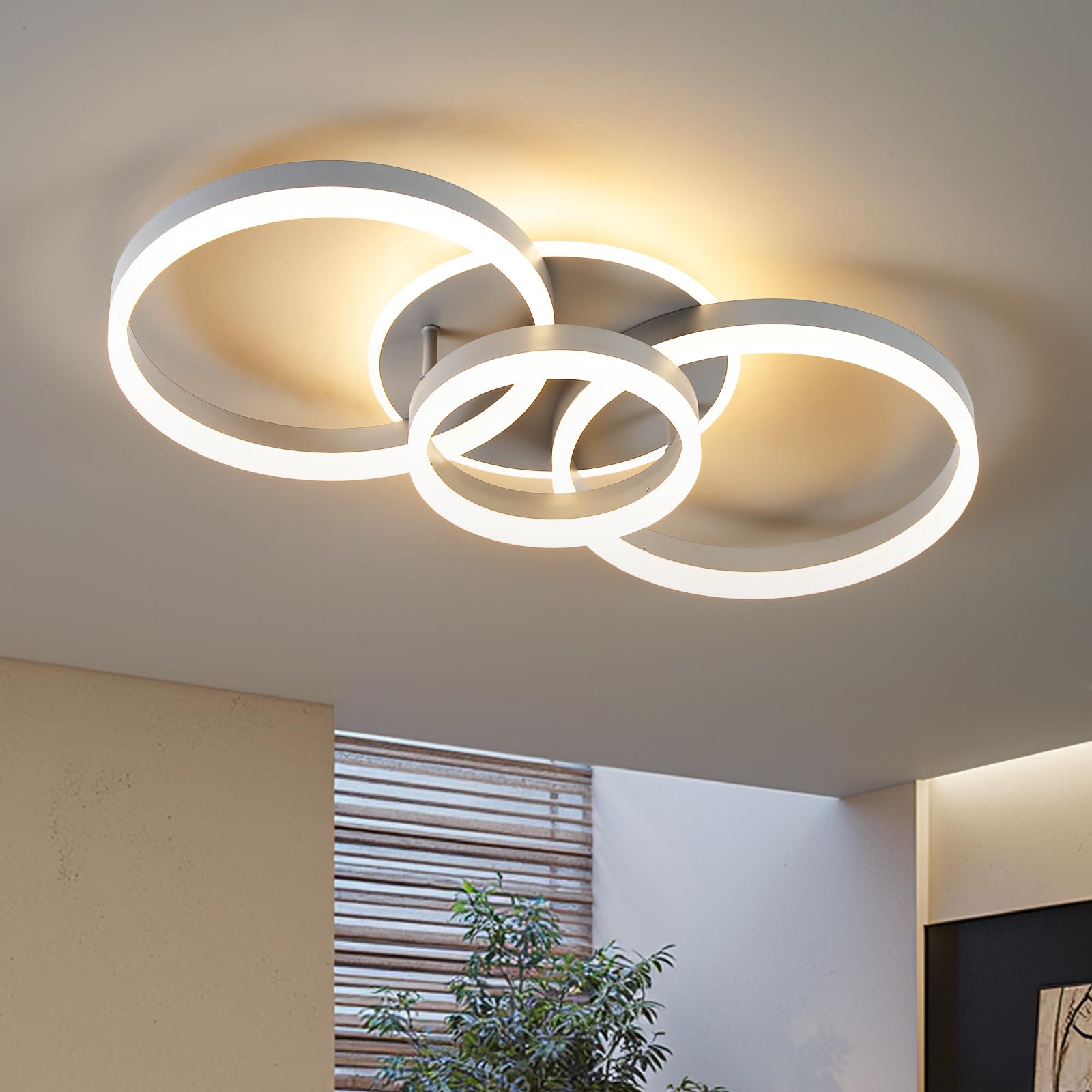 Amdelne Deckenleuchte Dimmbar mit Fernbedienung 65cm | 50W Moderne 3 Ring-Design LED Deckenlampe für Wohnzimmer Schlafzimmer Küche | Nachtlicht, Memory-Funktion - Grau