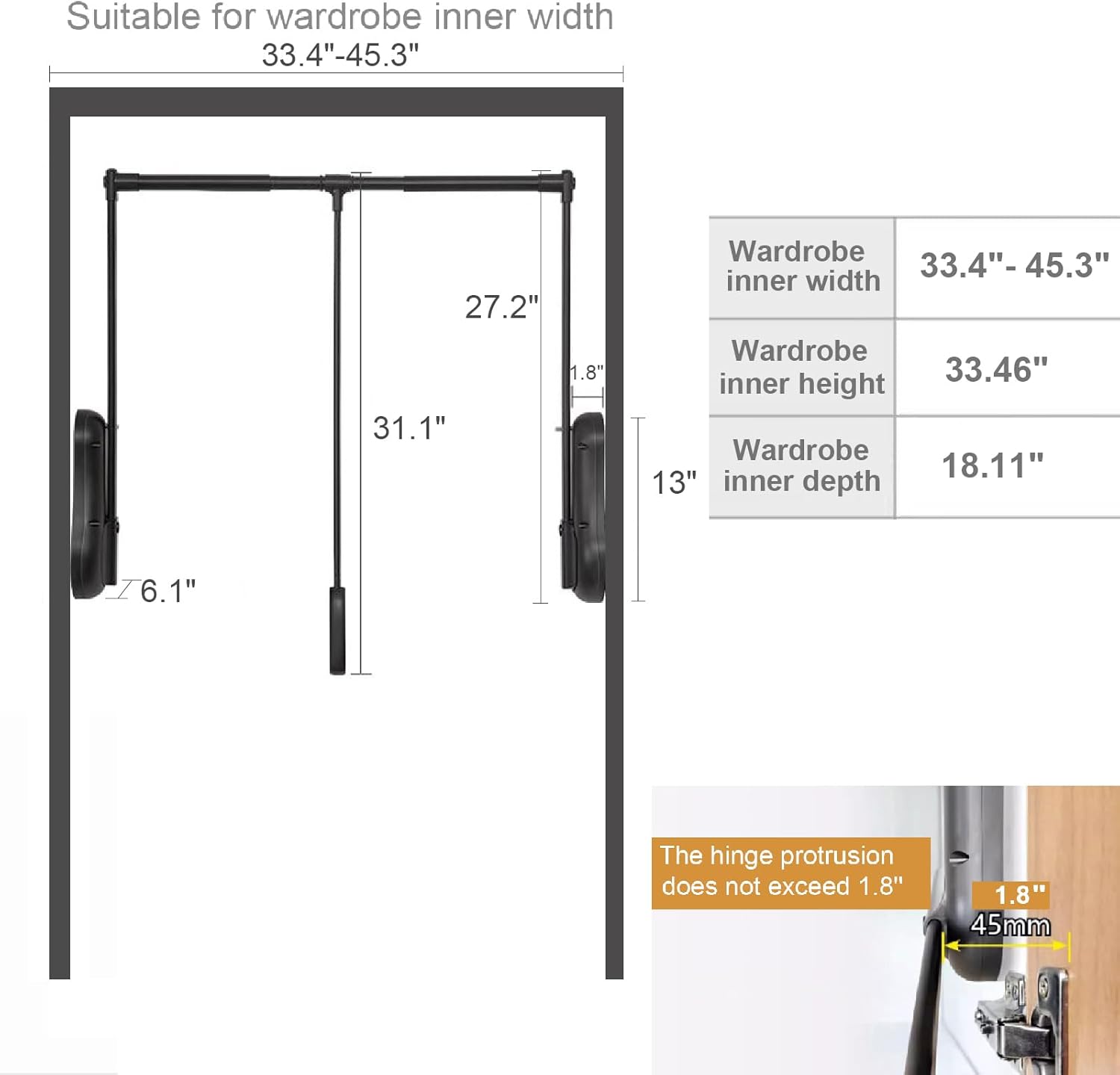 Pull Down Closet Rod for Hanging Clothes, Wardrobe Lift Rail Aluminum Alloy Organizer, Side Mounted Closet Rod for Kitchen Bedroom High Cabinets, 66 lbs Load Capacity (Black, 33.4"-45.3")