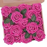 N&T NIETING Artificial Flowers Roses, 25pcs Real Touch Fake Foam Roses DIY for Wedding Bridal Bouquets, Valentine's Day, Mother's Day, Baby Shower, Home Indoor Outdoor Decoration, Hot Pink