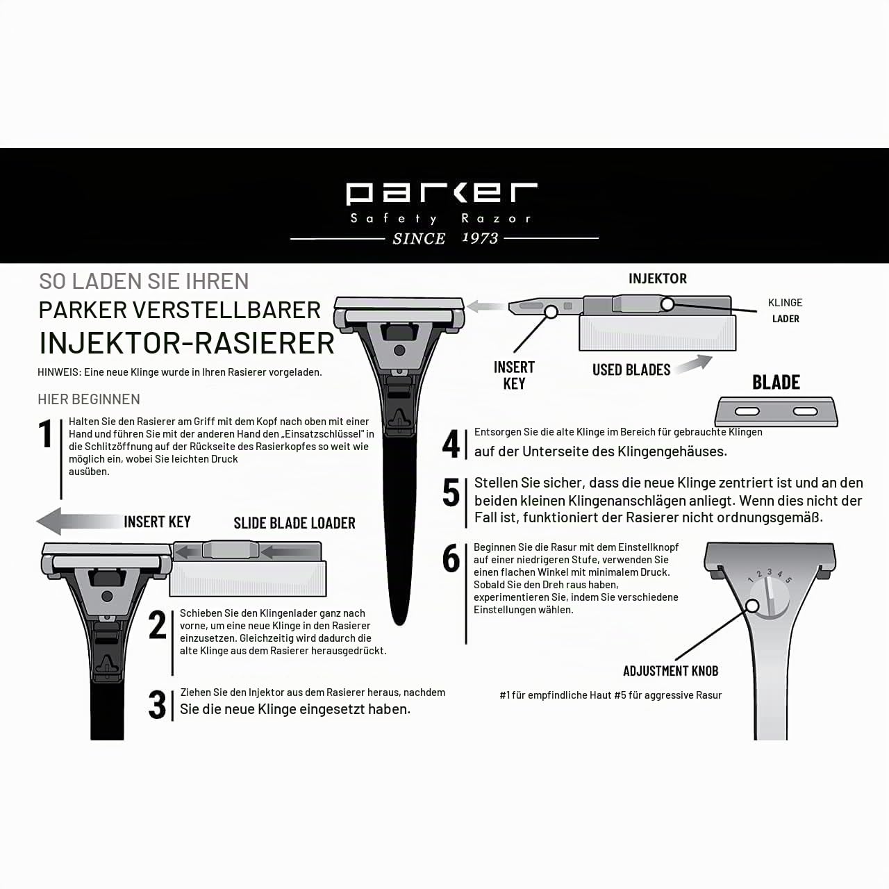 Parker's Adjustable Injector Razor – Einschneide-Klingen-Rasierer – 20 Parker Injector Rasierklingen enthalten - Passen Sie Ihre Rasur von mild bis aggressiv an