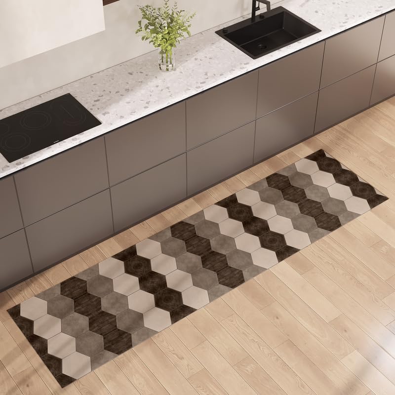 NARCISO Tappeto Cucina Antiscivolo Lavabile 100% Vinile Gommato Antimacchia, Passatoia Cucina Antiscivolo Lavabile, Tappeti Runner Disponibili in Varie Metrature (Tiles Sabbia, 52x240cm)
