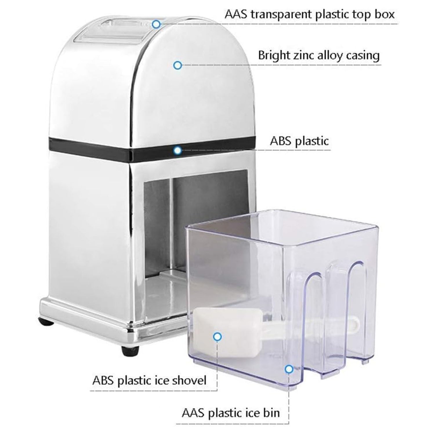 Trituradora de hielo manual, máquina de cono de nieve con manivela para el hogar, bar y cocina con cubierta transparente y herramienta de cuchara para un uso fácil