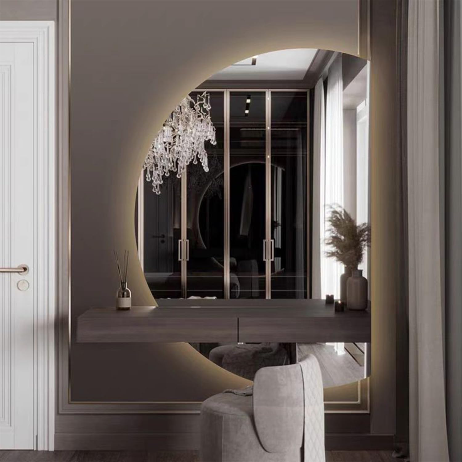 WQZzjm Dimmable 3 Colors LED Backlit Bathroom Mirror, Smart HalfCircle Mirror with Touch Switch, 51in AntiFog Design for Modern Vanities (Right Cut 35in)