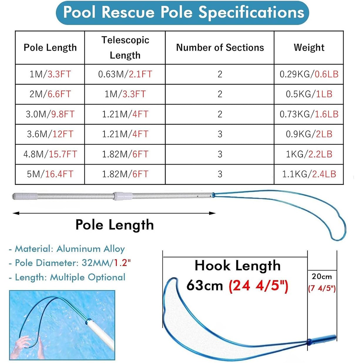 Pértiga telescópica de Aluminio para Rescate en Piscinas con Gancho para el Cuerpo: Equipo de Salvamento de Emergencia para la Seguridad acuática en Parques Infantiles, Parques acuáticos y c