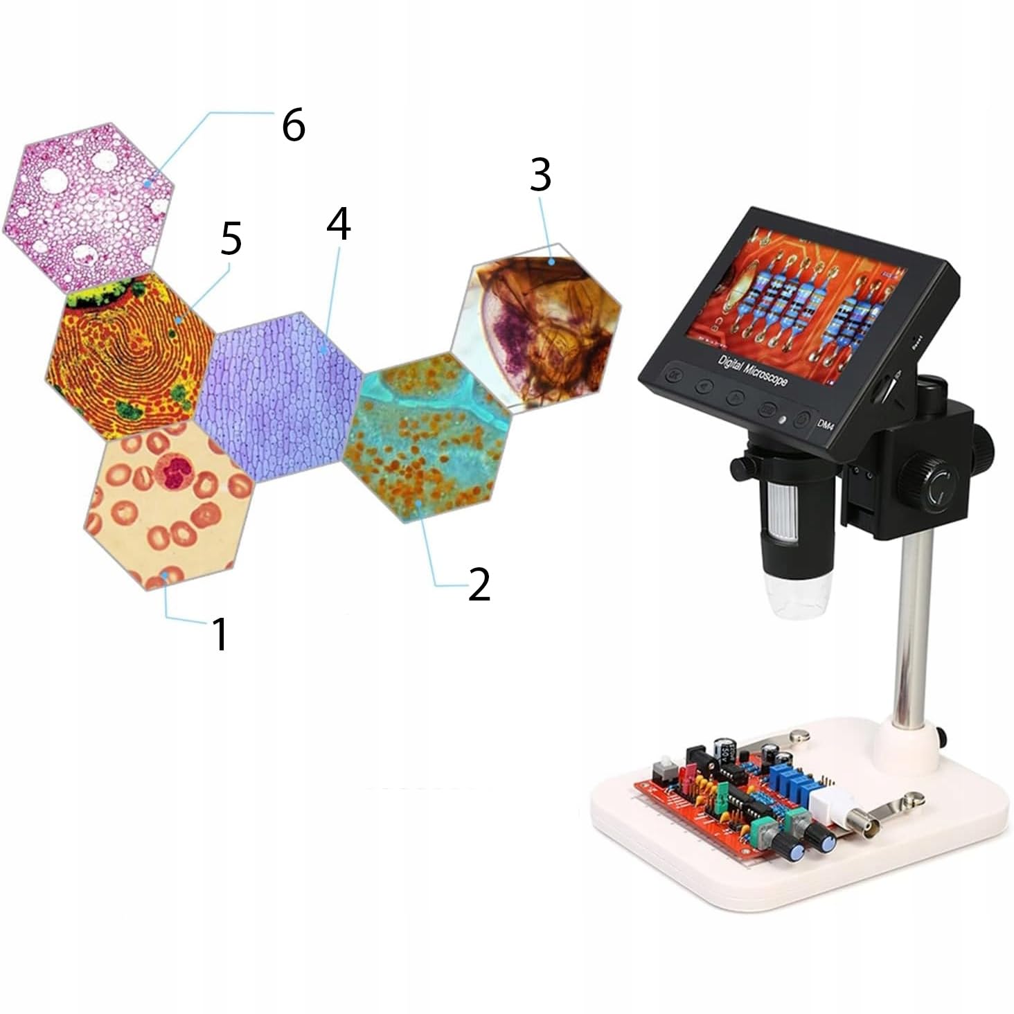 Rosfix Mikroskop cyfrowy DM4-Z01B019 - ekran LCD 4,3", 50X–1000X, 720P, 8 diod LED, USB, MicroSD | kontrola PCB, biżuteria, skóra, monety | profesjonalny przenośny mikroskop