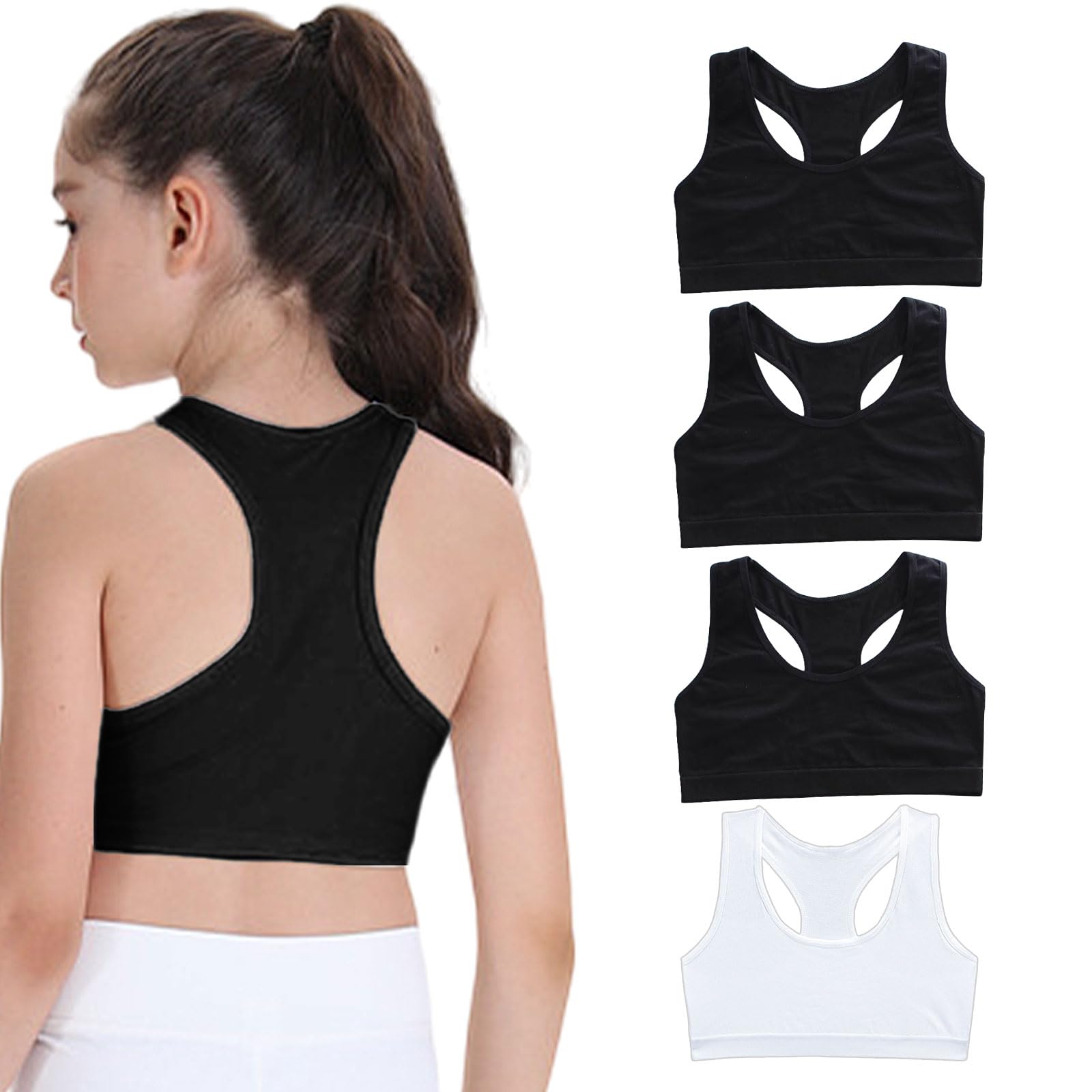 HXZASFG 4-pak biustonoszy typu Crop Top dla dziewczynek, miękki, wygodny bawełniany biustonosz sportowy dla dzieci, bielizna, nieusztywniany biustonosz treningowy, biustonosz typu Crop Top dla