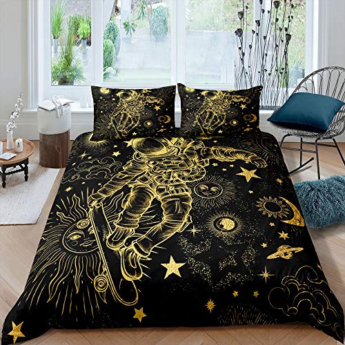 Juego de funda de edredón bohemia con diseño de luna y sol y astronauta para niños, funda de edredón de monopatín, funda de edredón de color dorado y negro