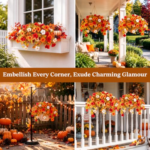 Image of Lewondr Artificial Fall Hanging Flowers UV Resistant Silk Petunias, Mixed | White & Orange Morning Glory, No Watering Needed, Fade Proof, for Porch Patio Yard Baskets, Autumn Decor, Indoor Outdoor Use