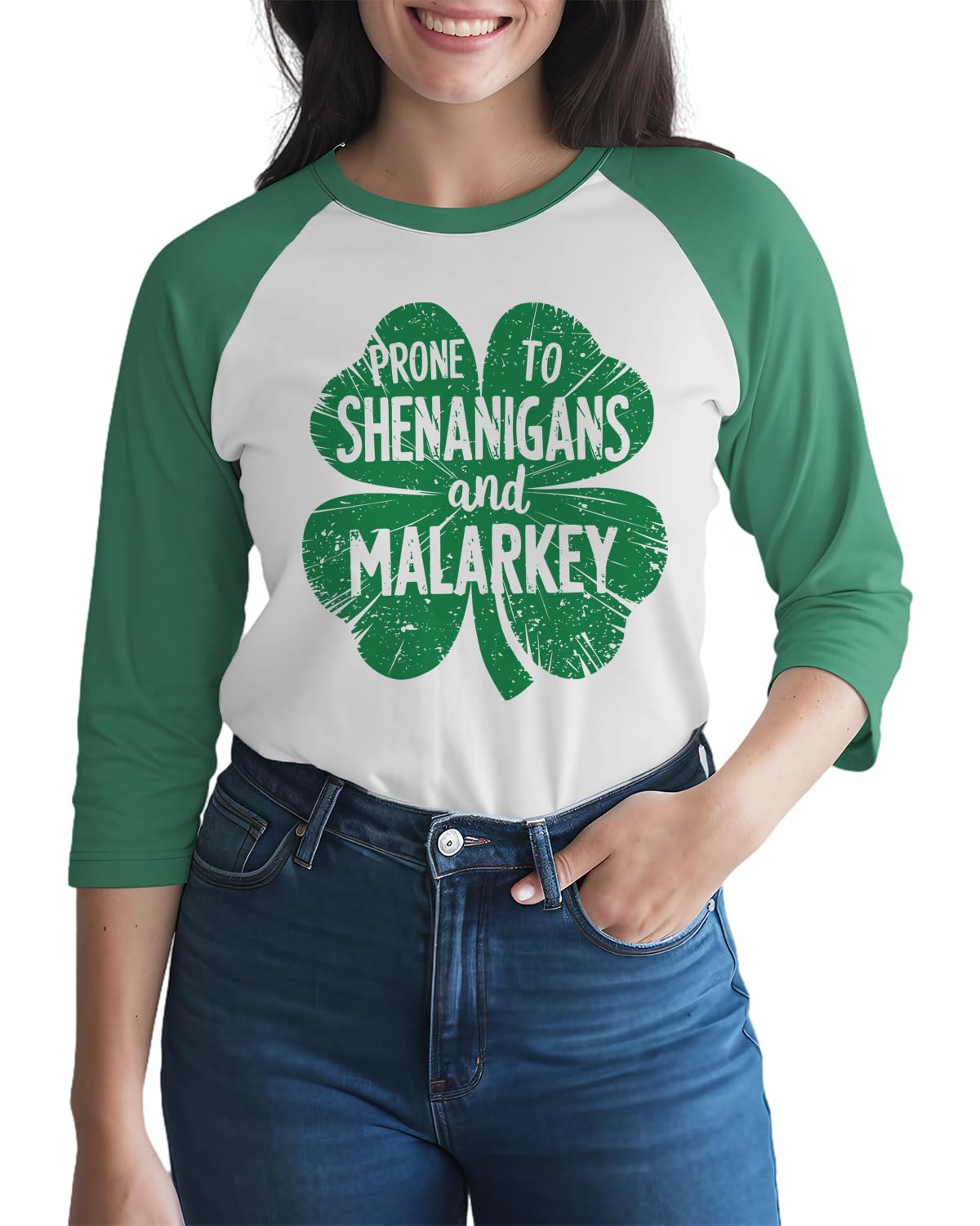 Threadrock Prone to Shenanigans and Malarkey Funny Clover Raglan T-Shirt