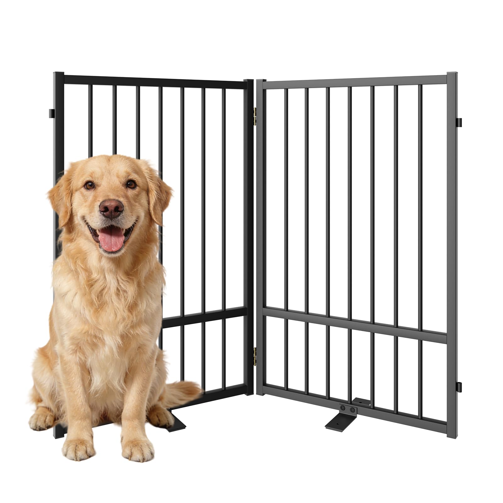 SNUOWU Full Metal Freestanding Dog Gate with Door, 32''Height Foldable Pet Dog Fence for Indoor & Outdoor, 2 Panels Extra Wide Free Standing TallDog