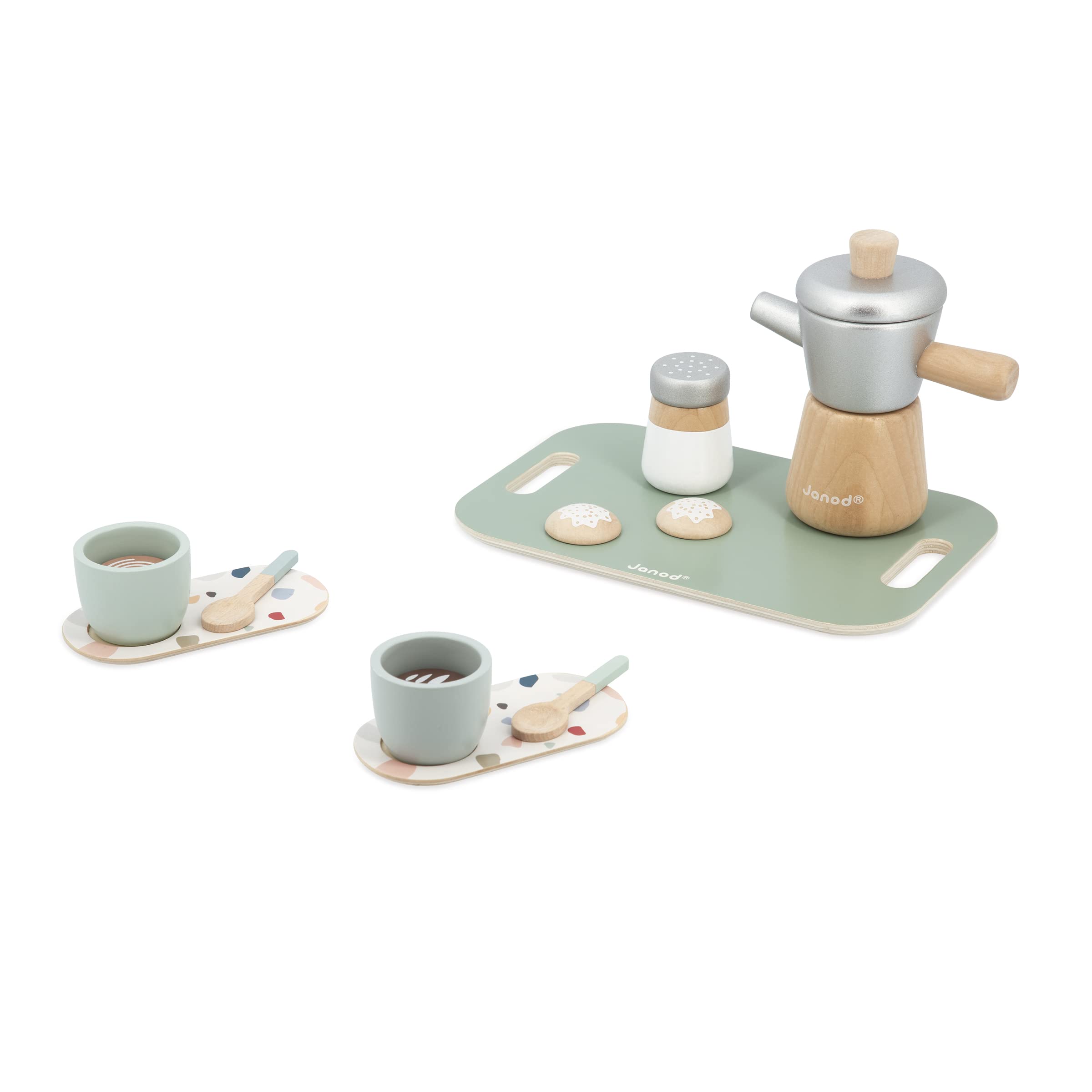 Janod - caffè all'Italiana - 13 Accessori Legno FSC - Giocattolo di Imitazione - Servizio da caffè Bambini - Gioco in Legno FSC - dai 24 Mesi, J06630