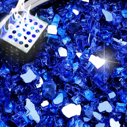 NUPICK 5 Pound Fire Glass 1/2 Inch Reflective Fire Pit Glass Tempered Firepit Glass Rock for Propane or Natural Gas Glass Rocks for Fire Pit Table Fireplace Glass for Landscaping Blue
