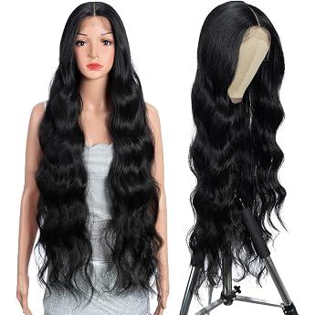 Style Icon Long Black Wavy Wig Synthetic Lace Front Wig for Women 91 cm Super Long Body Wave Wig with Baby Hair 13 x 5 x 1 Centre Parting Lace Heat Resistant Fibre 150% Density