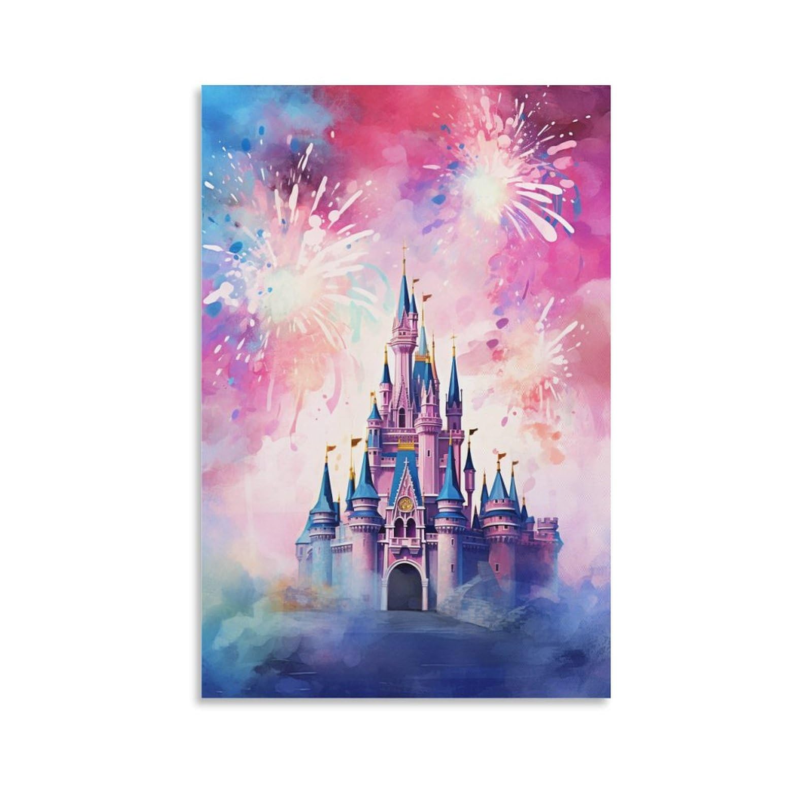 FOCCAR Fantasy Castle Canvas Wall Art Pink Watercolor Fireworks Modern Castle Posters Wall Decor Painting Art for Home Room Artwork