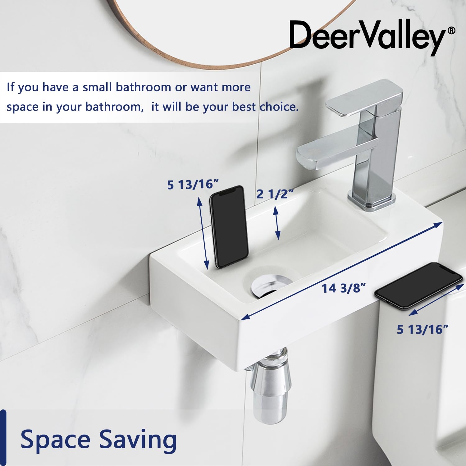 DeerValley DV-1V081R Lavamanos de baño de pared de cerámica, lavamanos de cerámica rectangular blanca en baño pequeño(mano derecha)