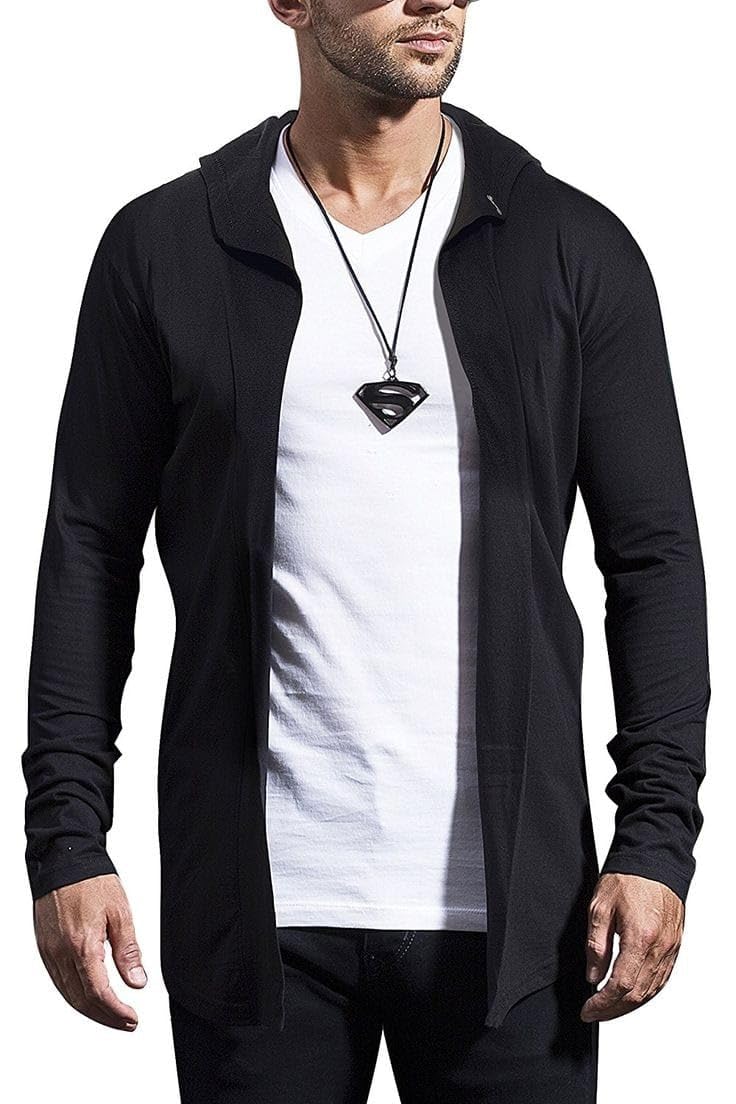 Long Hooded Cardigan Ruffle Shawl Collar Open Front Lightweight Drape Cape Overcoat