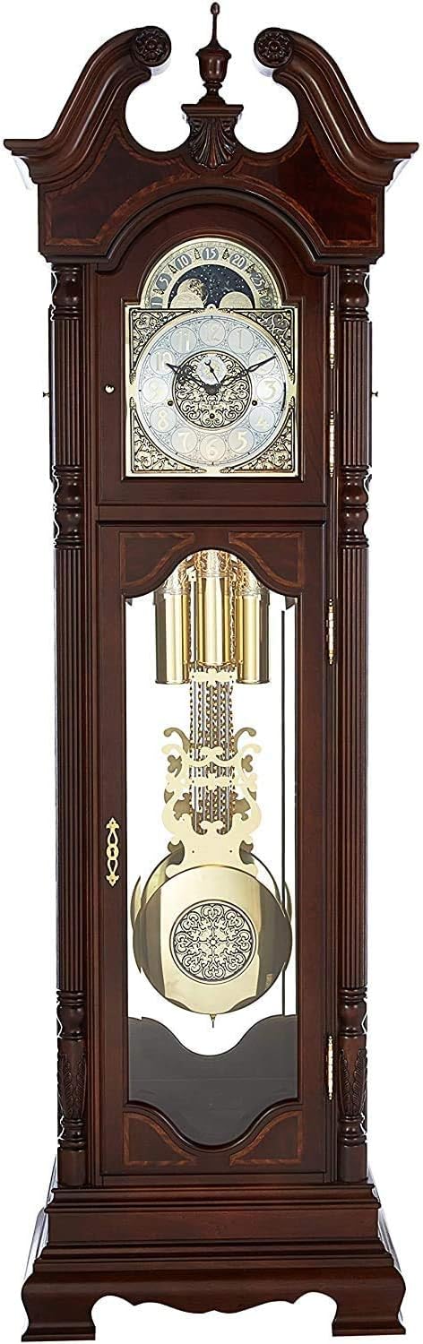 Howard Miller Polk Grandfather Clock, Swan Neck Pediment Illuminated Glass Case Mahogany Finish, Cast Corners with Brass-Finished Dial & Dual-Chime Movement Ideal for Office & Home Decor