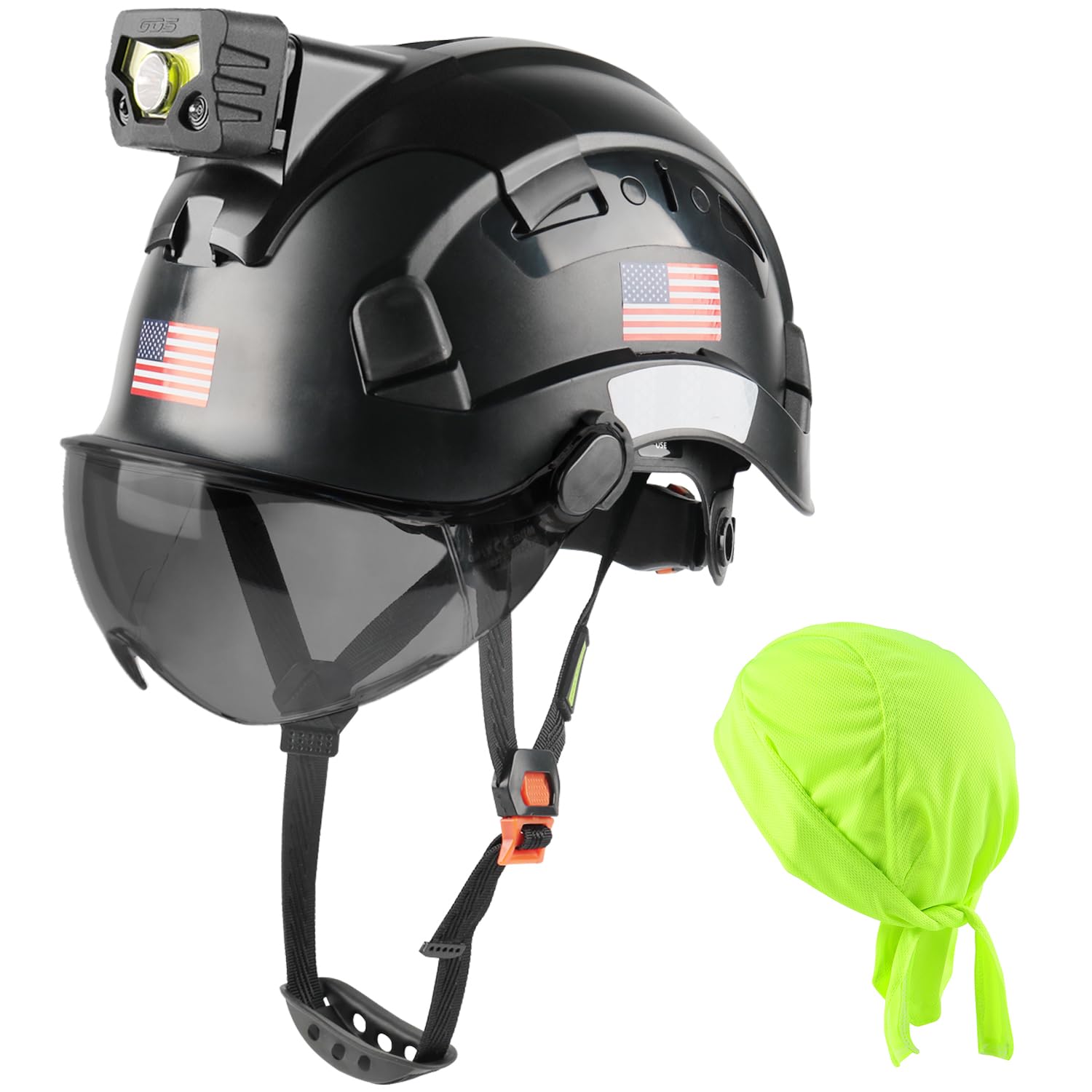 GREEN DEVIL Safety Hard Hat with Rechargeable Headlamp Light and Helmet Liner Chin Strap Men Vented Work Hardhats ANSI Z89.1 Approved Cascos de Construccion Ideal for Industrial Construction Forestry