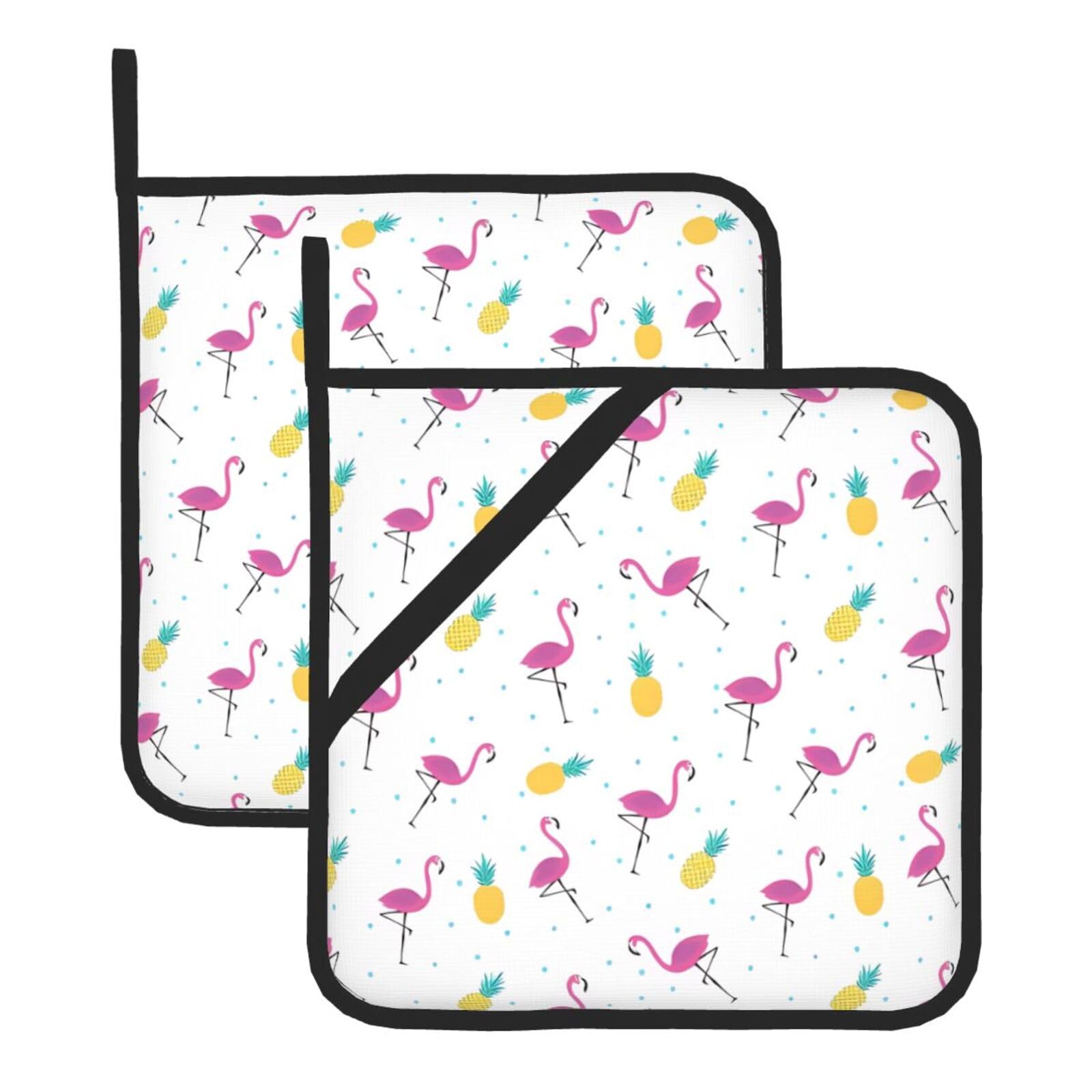 HJFCZH Flamingo and Pineapple Prints Square Hot Pads for Kitchen Counter - Waterproof Pot Holders, Durable Heat Resistant Throw Layers for Serving, Oven & BBQ - 2 Pack