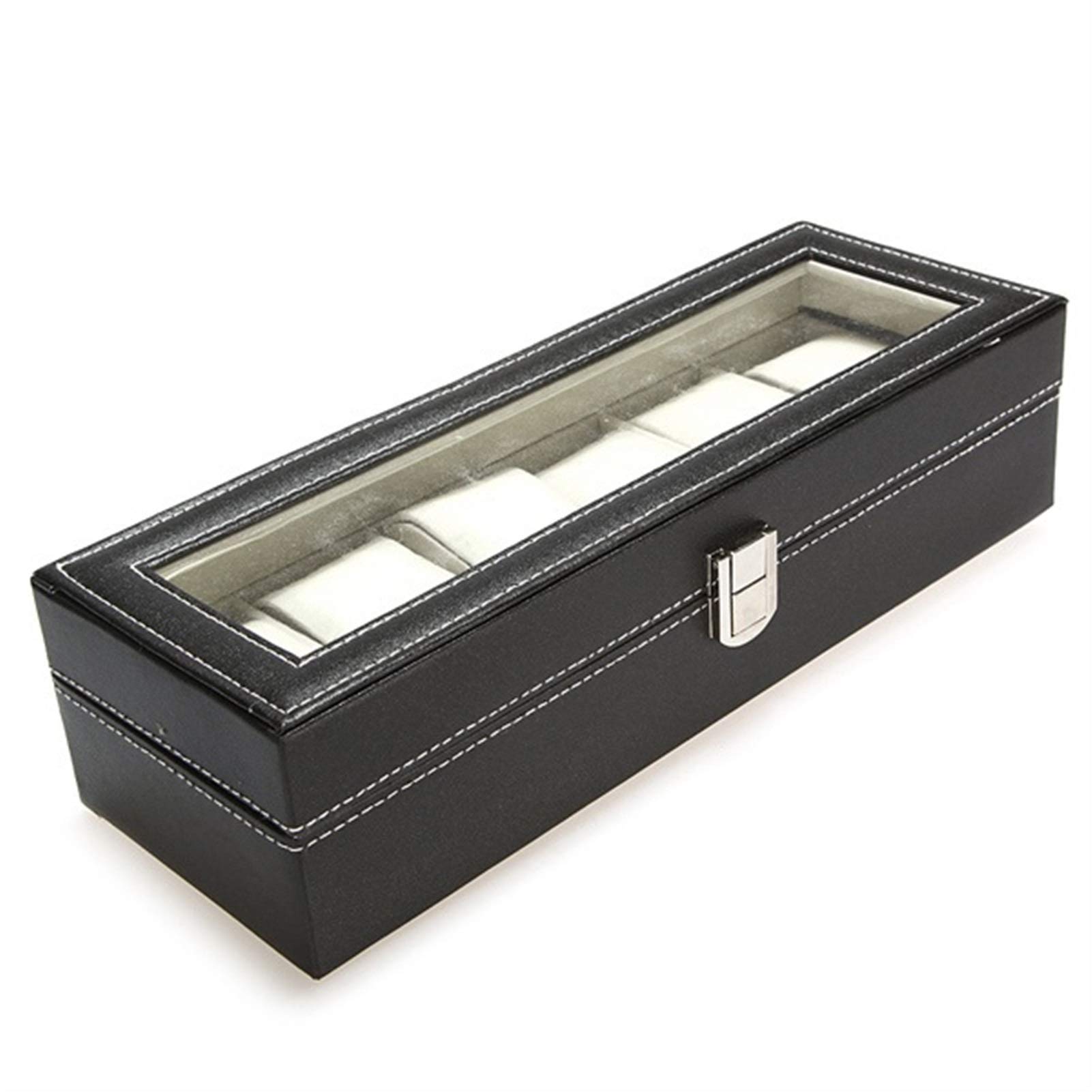 Uhrenbox, Schwarze Uhrenaufbewahrungsbox aus PU-Leder, Organizer-Box mit Glasdeckel, Uhrenbox mit 6 Fächern, Vitrine, Schmuckaufbewahrung, Uhren-Organizer zur Aufbewahrung und Präsentation