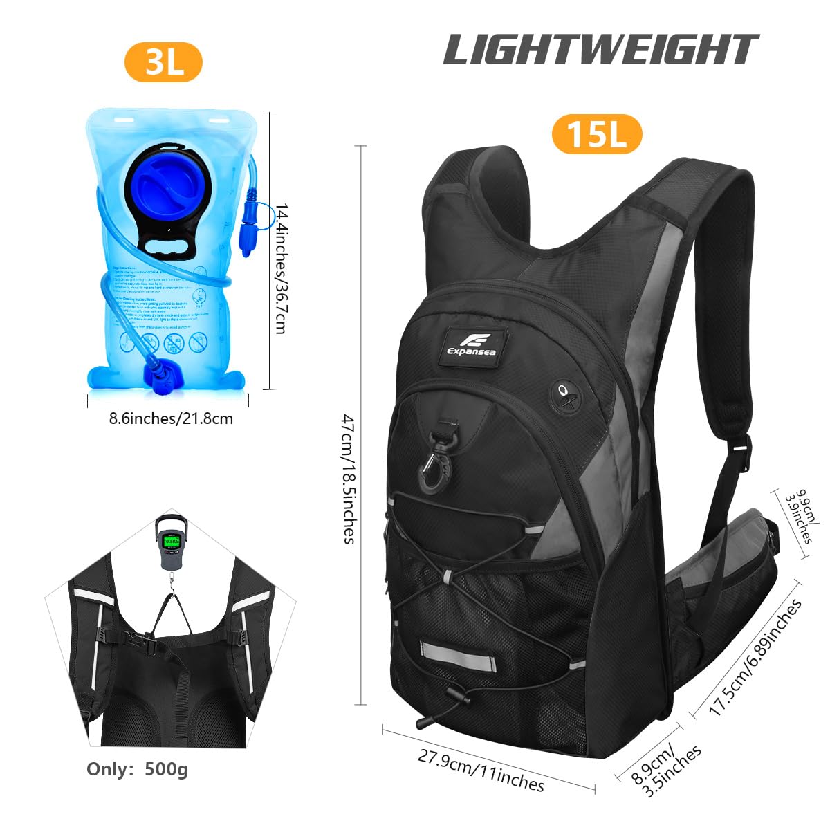 Mochila de hidratación con 3L Bolsa de Agua, Mochila Impermeable para Exteriores, Adecuado para Deportes al Aire Libre, Correr, Ciclismo, Senderismo, Escalada, esquí