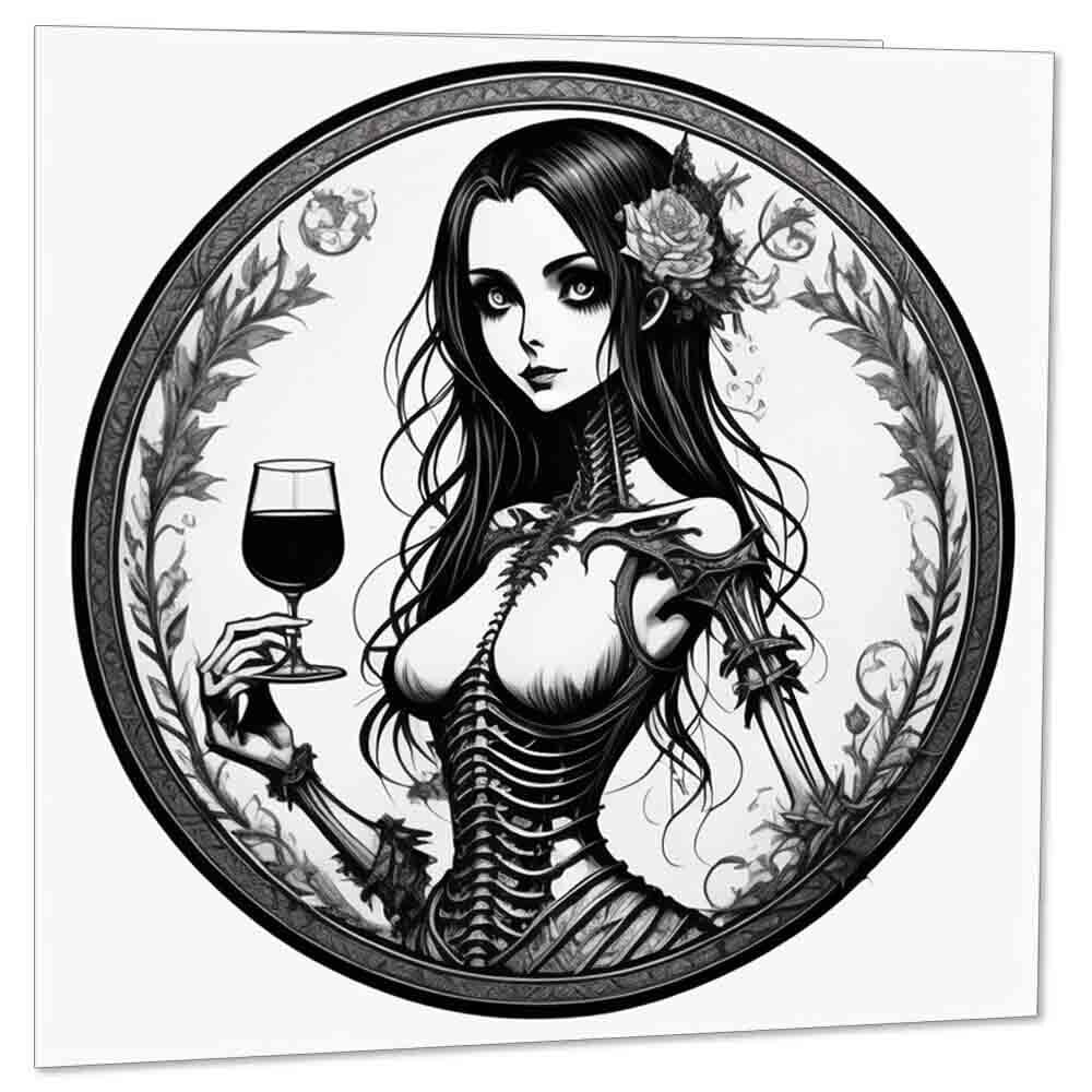 Biglietto Auguri Gotico Purple Fox Donna - Teschio E Ragazza Con Vino - 145x145 Mm Con Busta Di Lusso - 2