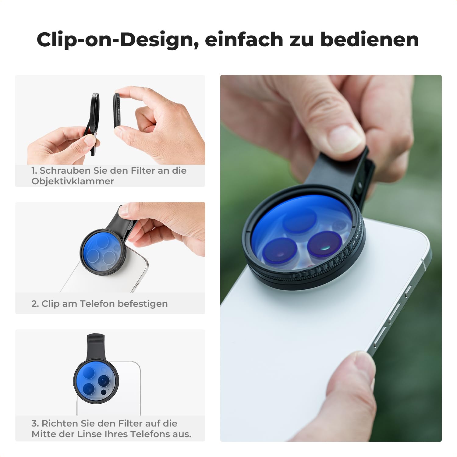 K&F CONCEPT Universell Handykamera CPL Filter Objektivset, Polarisationsfilter für Handykamera, Universal 52mm Gewinde Clip für Handy