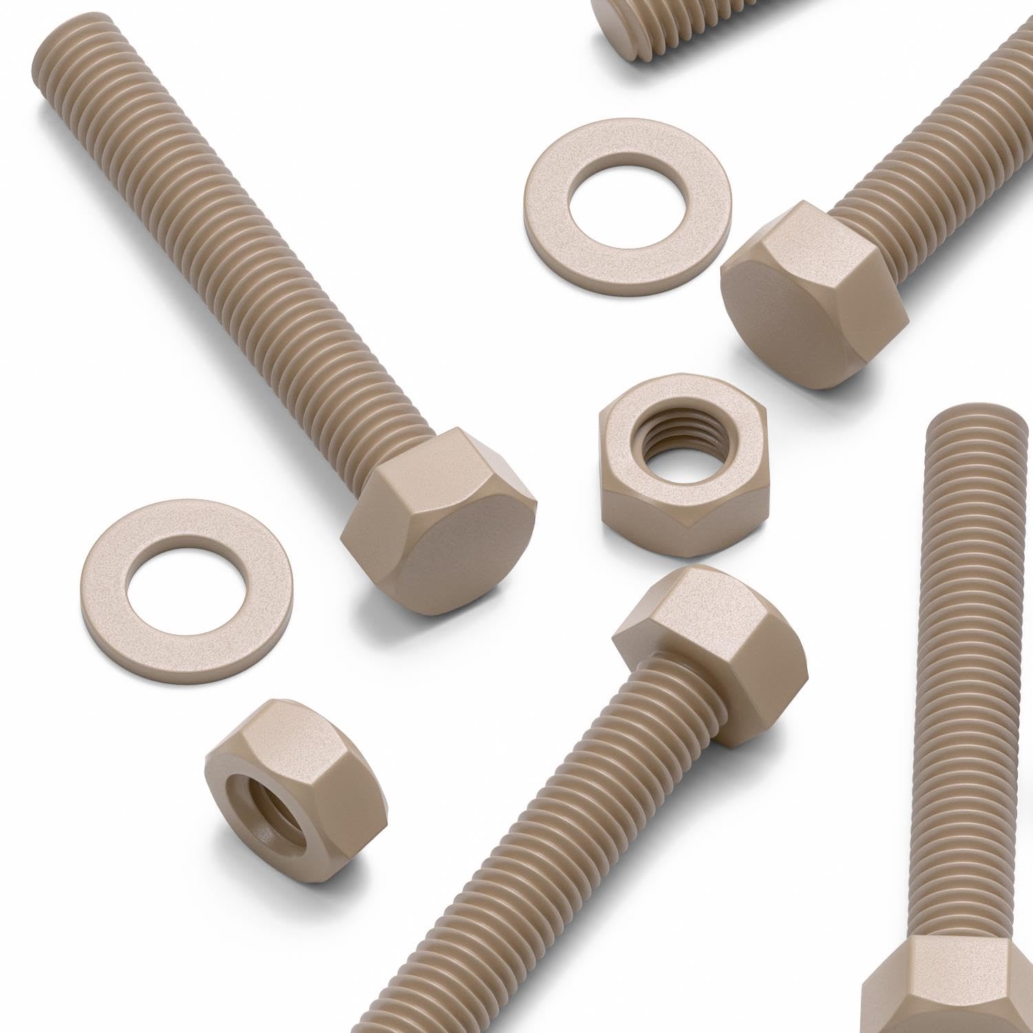 5x Viti a testa esagonale naturali in PEEK M10 x 65 mm + dadi & rondelle | Montare e rimuovere con chiave o bussola sulla testa esagonale sporgente.