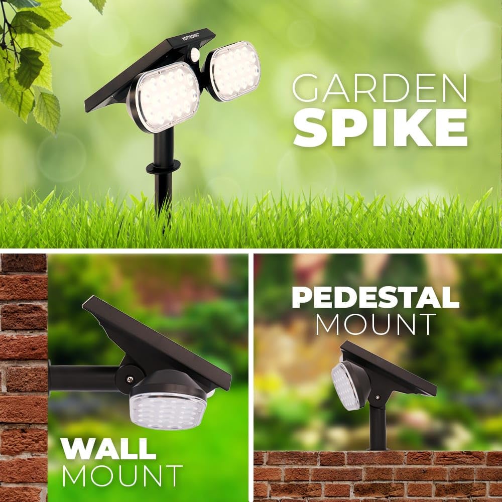 HOFTRONIC - 2er Set Pato Solar LED Strahler mit Bewegungsmelder Außen 6000K Gartenleuchte Spieß oder Wand Installation 250x90x120mm (LxBxH) Ideal als Pflanzenstecker Solar